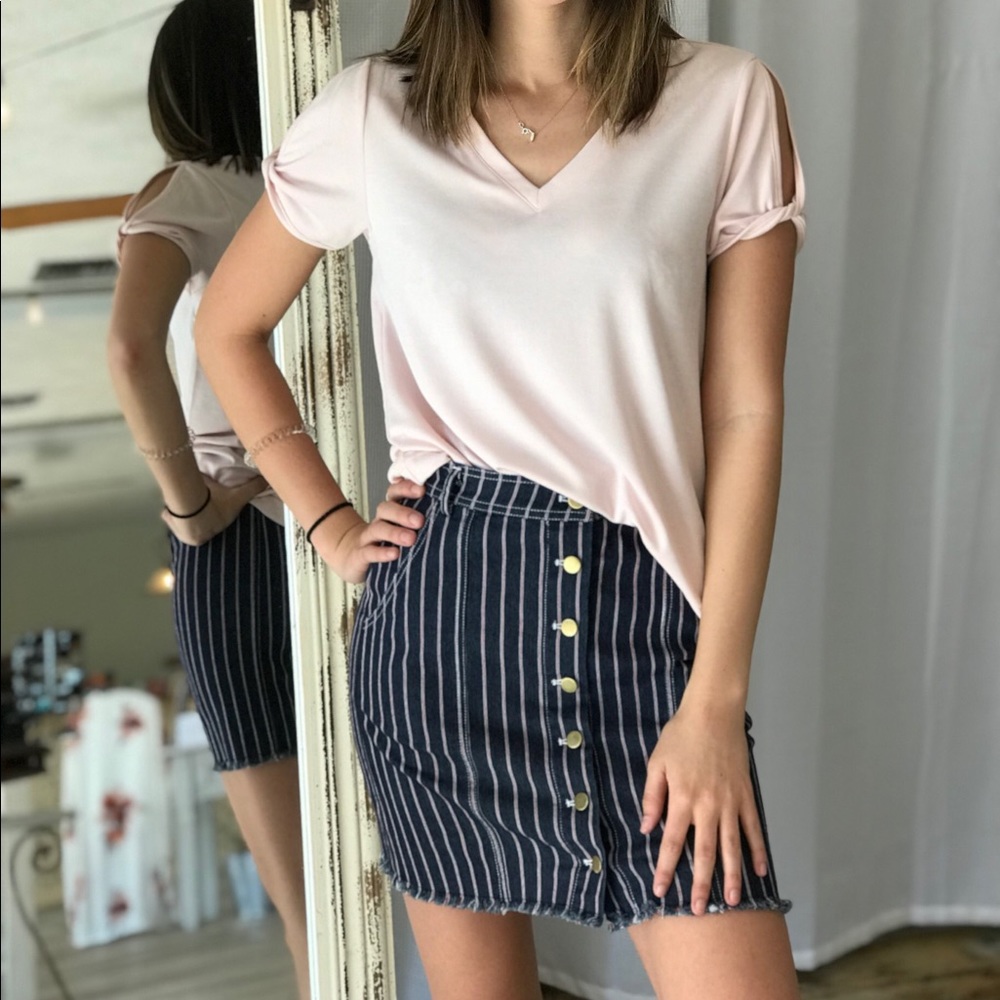 Stripe denim button front skirt